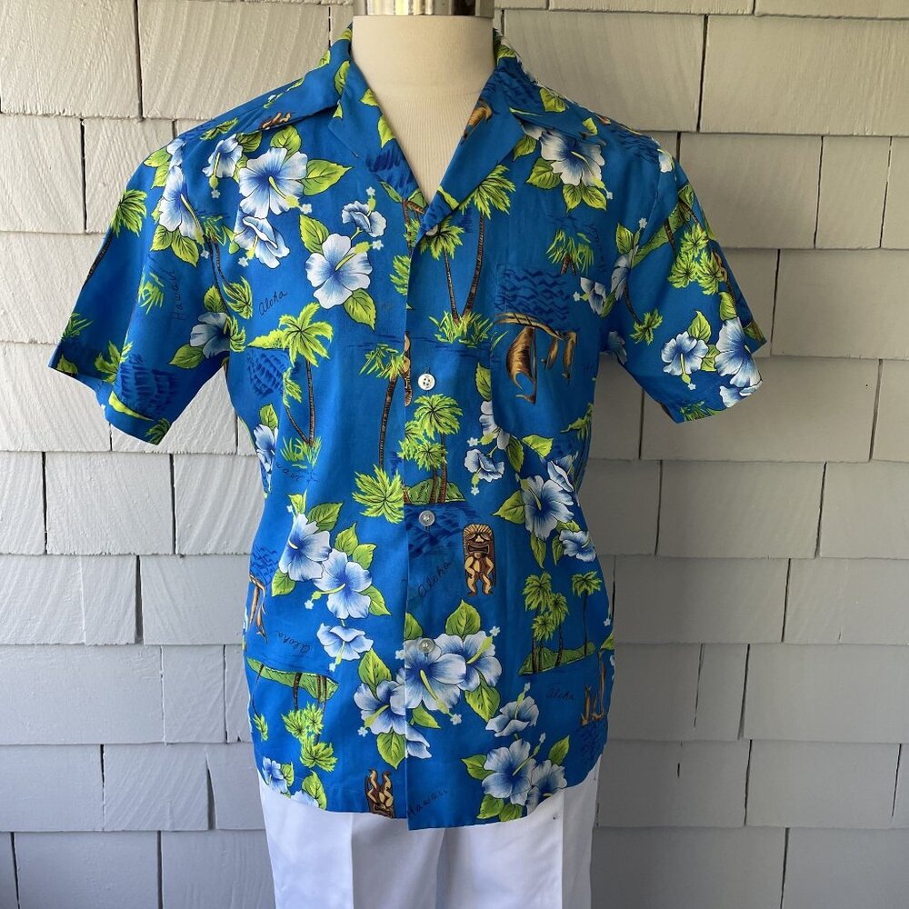 Vintage Blue Hibiscus Hawaiian Print Short Sleeve Button-Up Aloha Shirt L
